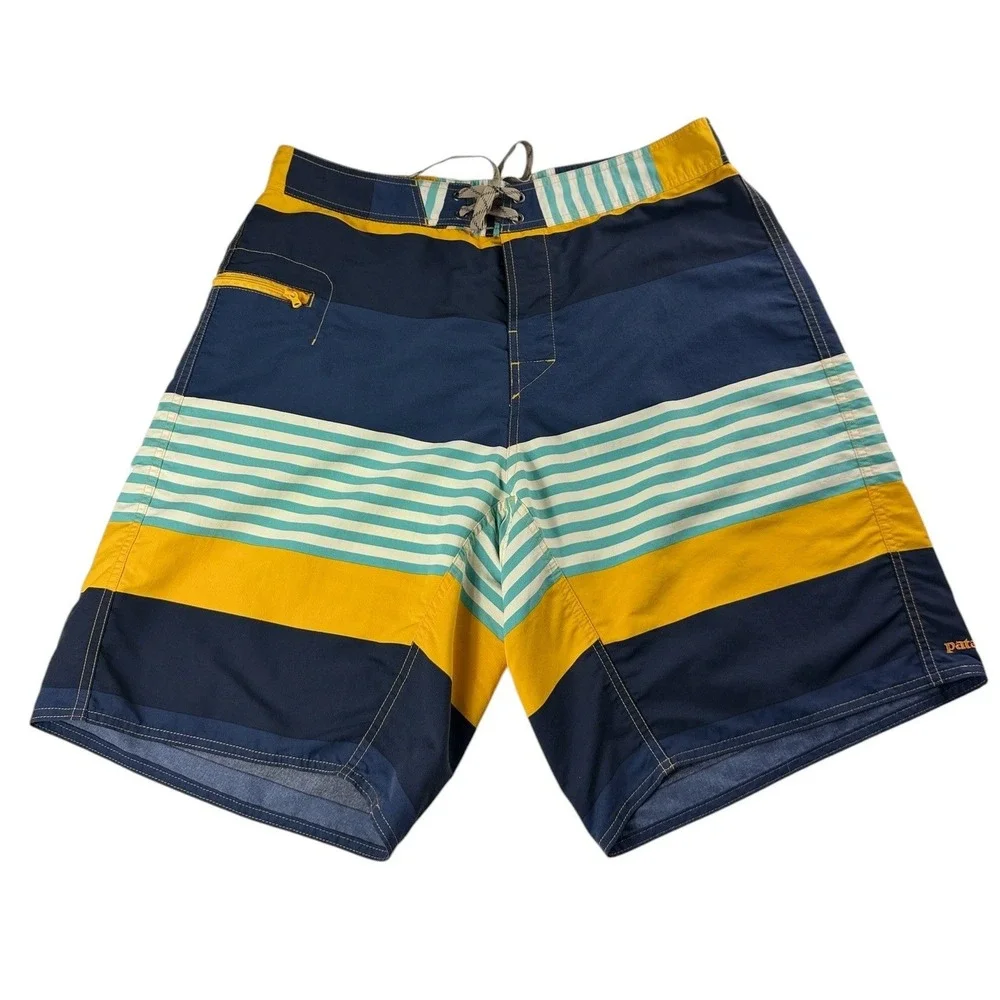 Patagonia Mens 34 Board Shorts Blue Yellow Striped Nylon Mesh Lined Swim Trunks
